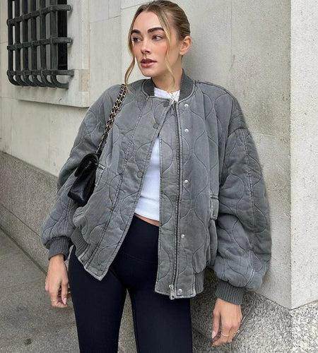 Grey Quilted Padded Women Bomber Cotton Coat Single Breasted Stand Collar Vintage Jacket 2023 Autumn Winter Chic Casual Outwears
