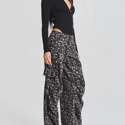 Load image into Gallery viewer, Colorblock Leopard Printing Casual Loose Pants For Women High Waist Spliced Pockets Streetwear Wide Leg Pant Female
