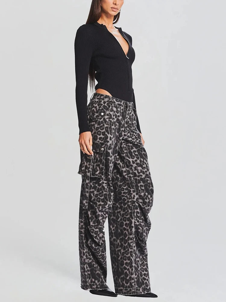 Colorblock Leopard Printing Casual Loose Pants For Women High Waist Spliced Pockets Streetwear Wide Leg Pant Female