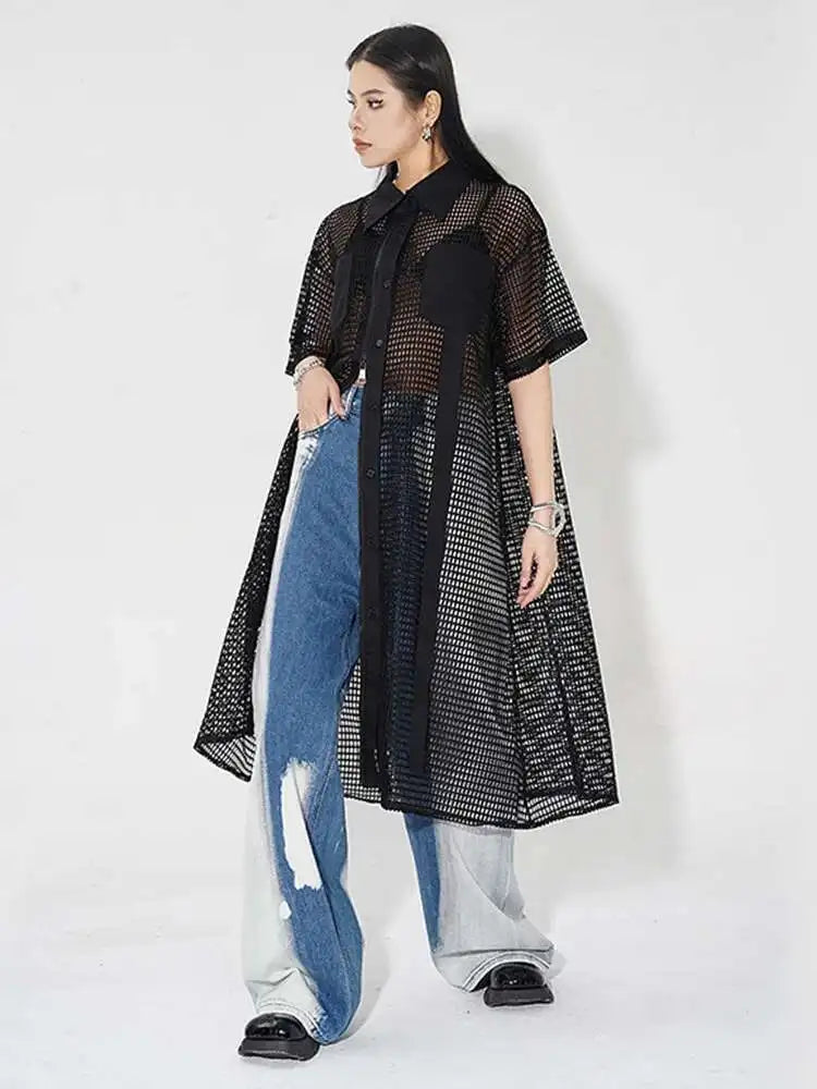 Women Black Mesh Perspective Midi Big Size Shirt Dress New Lapel Short Sleeve Fashion Tide Spring Summer 2025 1DH4934