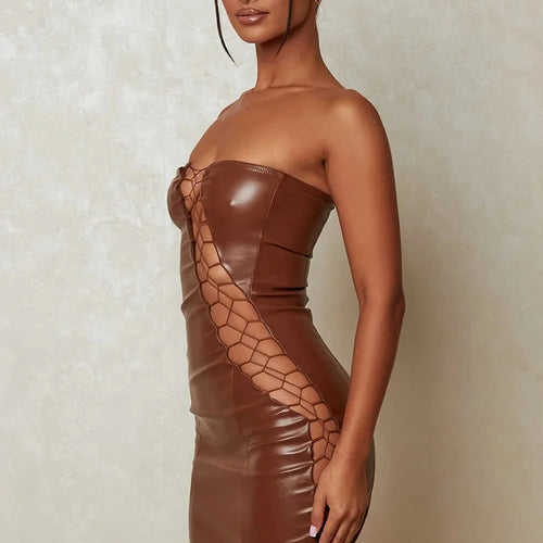 Load image into Gallery viewer, Hollow Out PU Leather Sexy Mini Dresses For Women Strapless Sleeveless Backless Bodycon Party Short Dress Vestido
