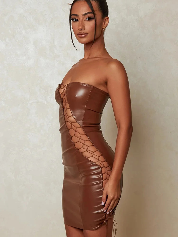 Hollow Out PU Leather Sexy Mini Dresses For Women Strapless Sleeveless Backless Bodycon Party Short Dress Vestido