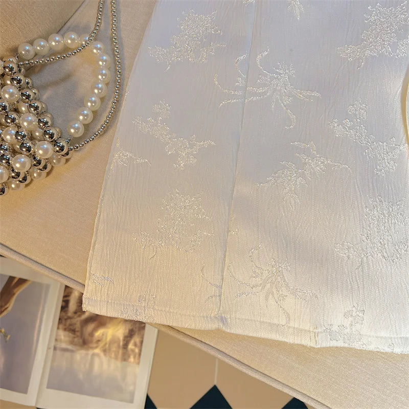 Retro Women's Black Button Up Jacquard Mini Skirts Vintage White High Waist Elegant Chinese Style A-line Short Skirt Summer 2024