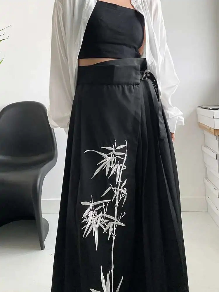High Waist Black Printed Pleated Bandage Long Elegant Half-body Skirt Women Fashion Tide New Spring Autumn 2025 1DH0423
