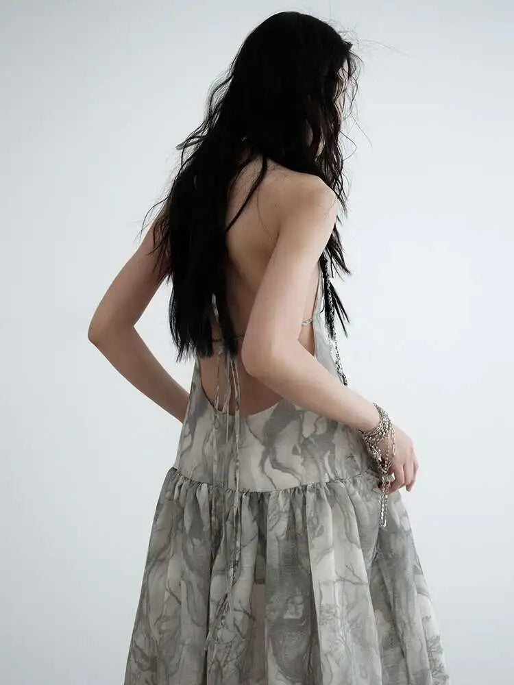 Women Gray Ruffled Backless Elegant Long Strapless Dress New Halter Sleeveless Fashion Tide Spring Autumn 2025 1DJ0014