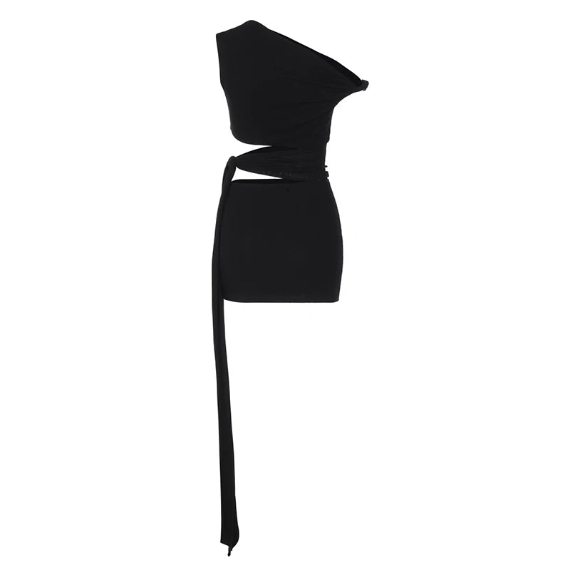 Hollow Out Oblique Shoulder Sexy Mini Dress For Women Robe Summer Black Sleeveless Backless Draped Skinny Club Dress