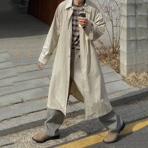 Load image into Gallery viewer, Korean Style Men&#39;s Windbreaker Turn-down Collar Casaul Lace-up Overknee Single Breasted Solid Color Male Long Trench 9C7632
