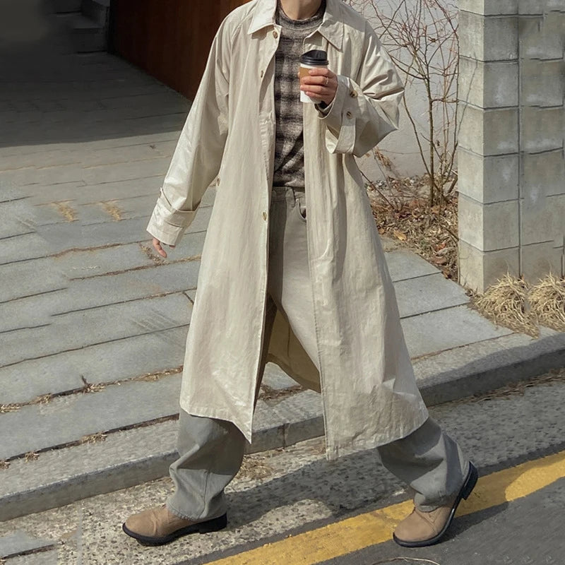 Korean Style Men's Windbreaker Turn-down Collar Casaul Lace-up Overknee Single Breasted Solid Color Male Long Trench 9C7632