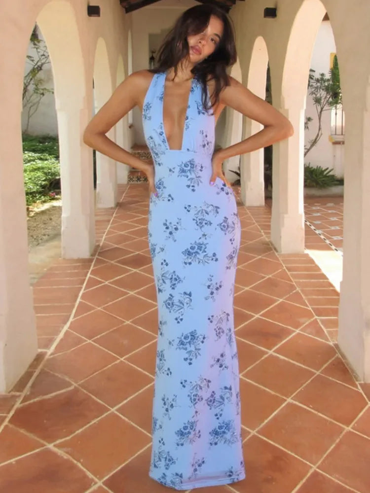 Summer Backless Print Maxi Dress Women Beach Holiday Gown Elegant Halter Deep V Neck Sleeveless Bodycon Long Dress