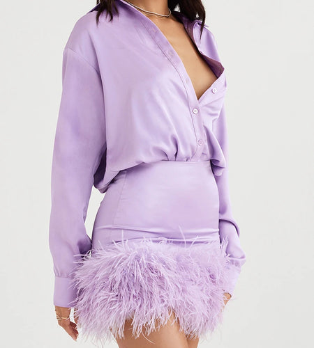 Sexy Patchwork Feathers Shirt Dress For Women Lapel Long Sleeve Gathered Waist Mini A Line Dresses Female Spring Clothes New