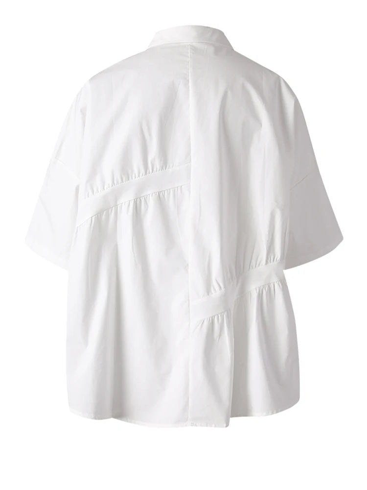 Women Black Irregular Pleated Big Size Casual Blouse New Lapel Short Sleeve Shirt Fashion Tide Spring Summer 2025 CPG3167