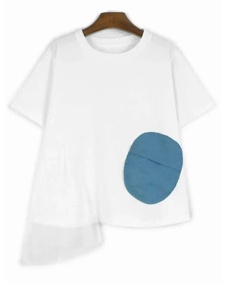 Women Black Mesh Ruffles Color-block Big Size T-shirt New Round Neck Short Sleeve Fashion Tide Spring Summer 2025 1DJ0091