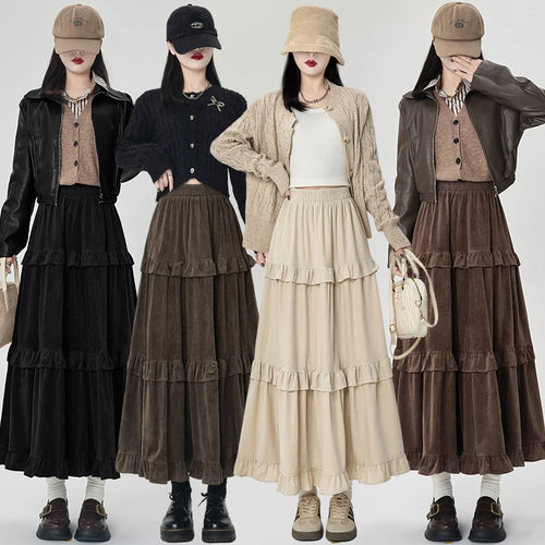 Load image into Gallery viewer, French Women Solid Elegant Vacation Cake Pleated Long Skirts 2024 Autumn Winter New High Waist Ruffle Edge Party Skirt Fashion
