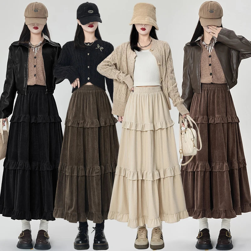 French Women Solid Elegant Vacation Cake Pleated Long Skirts 2024 Autumn Winter New High Waist Ruffle Edge Party Skirt Fashion