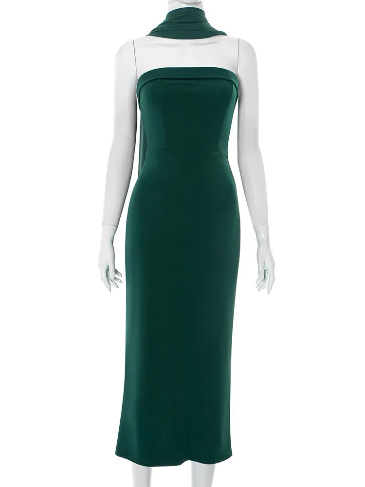 Scarf Collar Strapless Sexy Maxi Dress Women Gown Off-shoulder Sleeveless Backless Bodycon Club Party Long Dress 2025