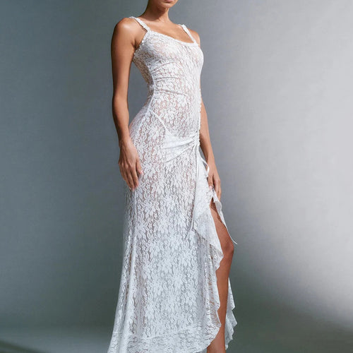 Load image into Gallery viewer, Sexy Lace Print High Split Women's Dress Slim Fit Open Back Transparent Lace up Female Midi Dress Party Club Vestidos
