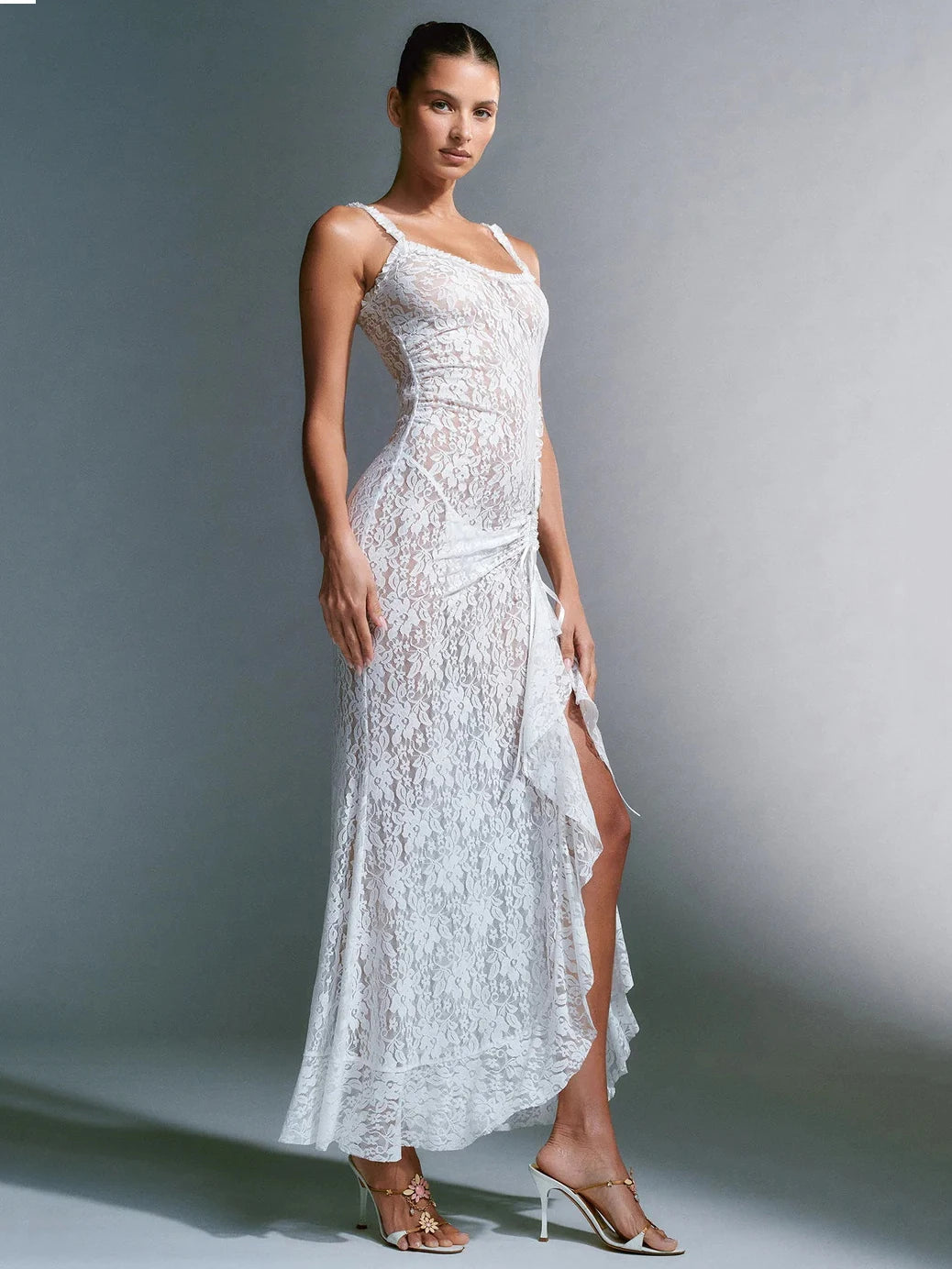 Sexy Lace Print High Split Women's Dress Slim Fit Open Back Transparent Lace up Female Midi Dress Party Club Vestidos