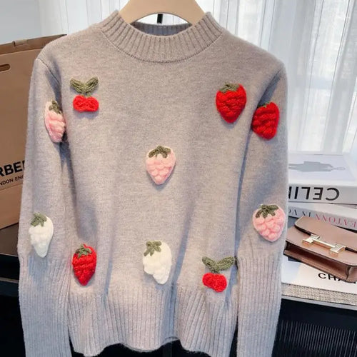 Load image into Gallery viewer, French Vintage Women Sweet Strawberry Embroidered Elegant Long Sleeve Knit Sweater 2024 New Autumn Winter Round Neck Tops Trendy
