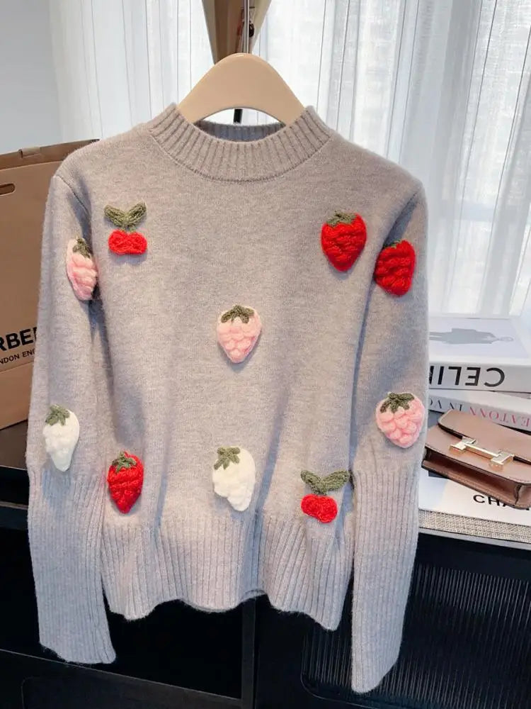 French Vintage Women Sweet Strawberry Embroidered Elegant Long Sleeve Knit Sweater 2024 New Autumn Winter Round Neck Tops Trendy