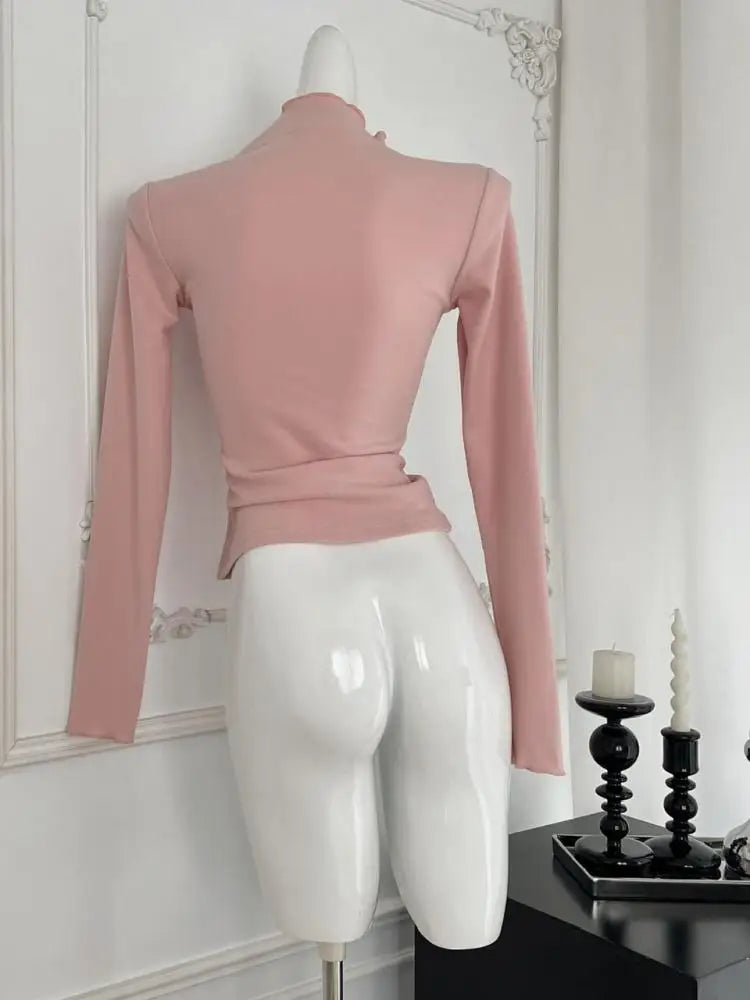 Vintage New 2024 Women's Autumn White Lace Bow Holiday Short T Shirt Pink Elegant Long Sleeve Slim Bottom Tops Fashion Versatile