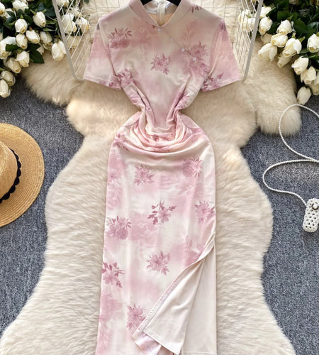 Chinese Style Women Pink Flower Elegant Cheongsam Evening Long Dress 2025 Summer New Short Sleeved Pleated Split Dress Bohemian
