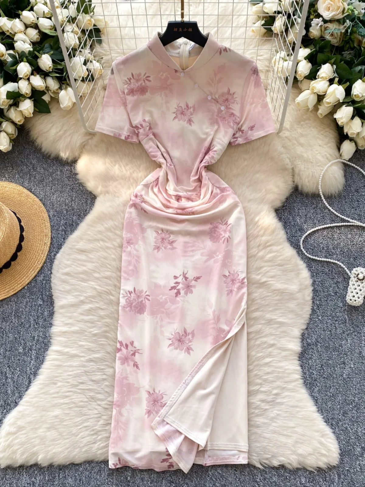 Chinese Style Women Pink Flower Elegant Cheongsam Evening Long Dress 2025 Summer New Short Sleeved Pleated Split Dress Bohemian