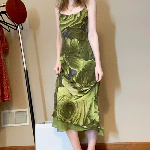 Load image into Gallery viewer, Fashion Strap Flowers Printing Green Long Dress Vacation Mesh Spliced Frills Vintage Tie Dye Summer Dress Women Party
