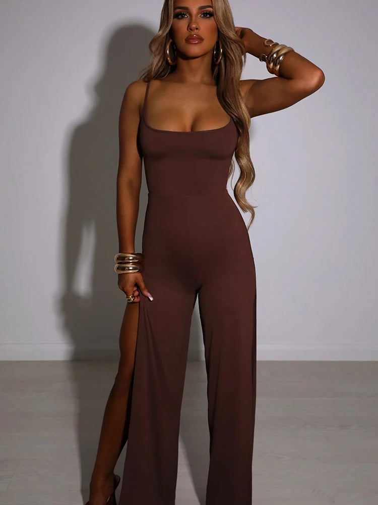 Sexy Backless High Slit Bandage Women Jumpsuits White Spaghetti Strap Elegant Jumpsuit Female Summer Slim Party Clubwear