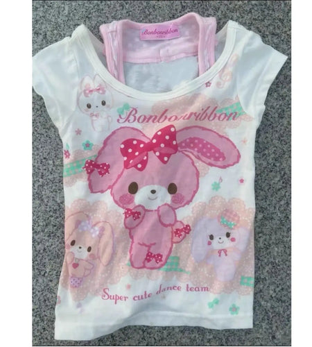 Cute Crop T Shirts Women Fashion Sweet Japanese Tees 2024 Ropa Mujer Fake Two Y2k Tops Anime Print Short Sleeve Summer Tshirts