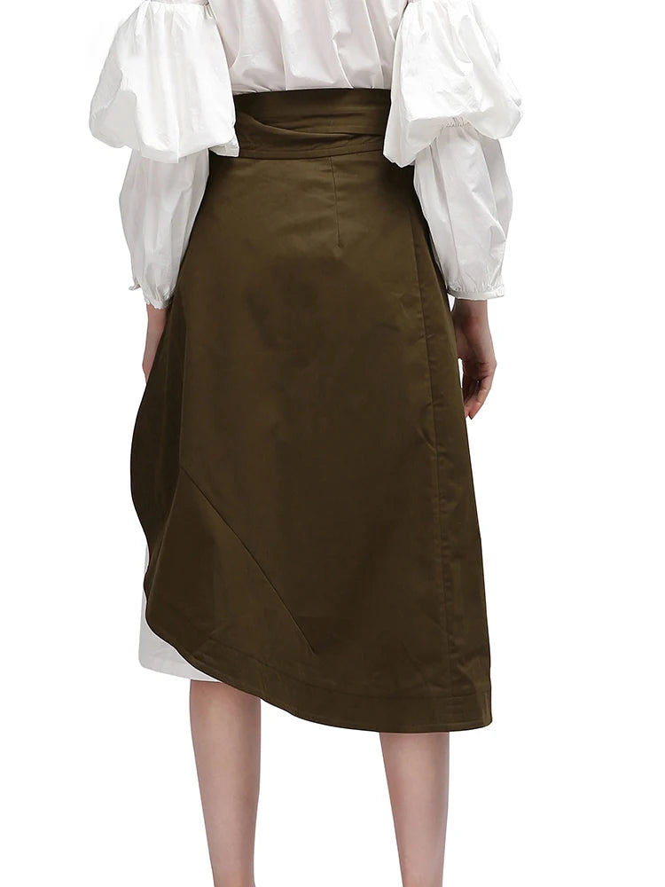 Casual Irregular Midi Skirts For Women High Waist Patchwork Ruffle Lace Up A Line Asymmetrical Hem Skirt Female Korean Style