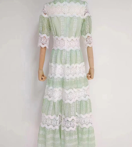 Vintage Colorblock Long Dress For Women Stand Collar Half Sleeve High Waist Cut Out Lace Panel Midi Dresses Female 2022 New