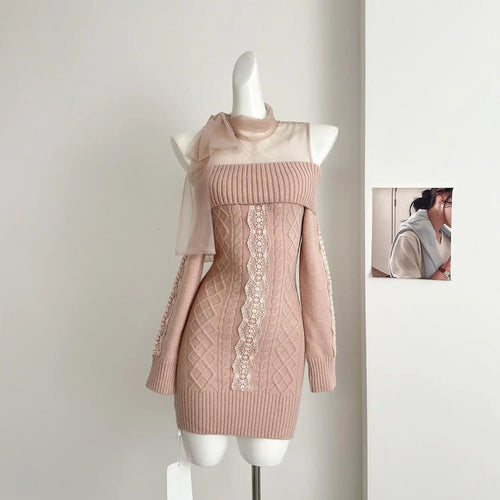 Load image into Gallery viewer, Autumn Winter Korean Pink Off Shoulder Slim Long Sleeve Bow Bandage Short Dress Women Beige Patchwork Lace Wrap Hip Knit Dresses
