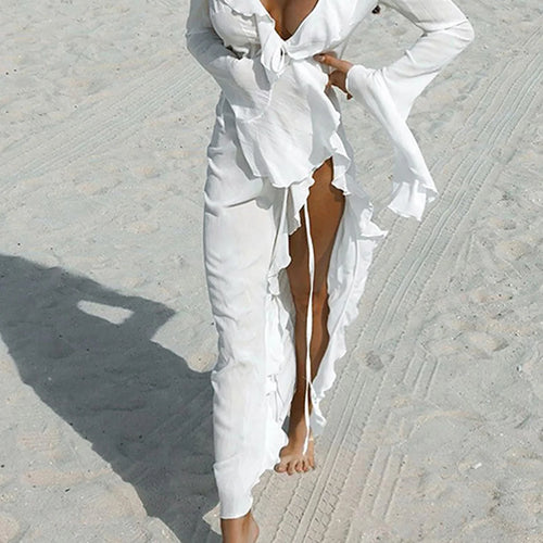 Load image into Gallery viewer, Sexy V Neck Ruffled Long Sleeve Chiffon Tunic Beach Cover Up Cover-ups Beach Dress Beach Wear Beachwear Female Women V5976
