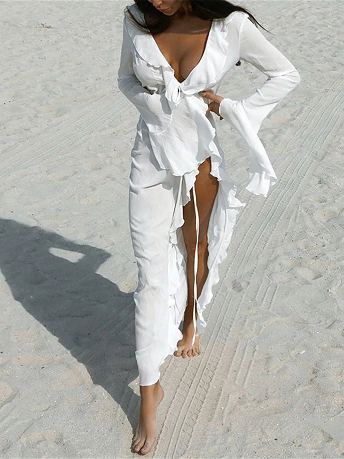 Sexy V Neck Ruffled Long Sleeve Chiffon Tunic Beach Cover Up Cover-ups Beach Dress Beach Wear Beachwear Female Women V5976