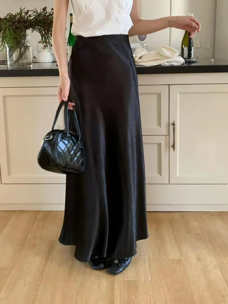 Spring Summer French Solid Elegant Sexy Club A-line Pleated Long Skirt Women High Waist Vacation Slim Wrap Hip Fishtail Skirts
