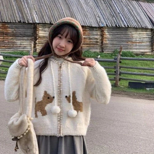 Load image into Gallery viewer, Y2k Aesthetic Streetwear Cartoon  Knitted Hooded Cardigan Fashion Casual Women Zipper Coats Japanese Sweet All Match Loose Tops
