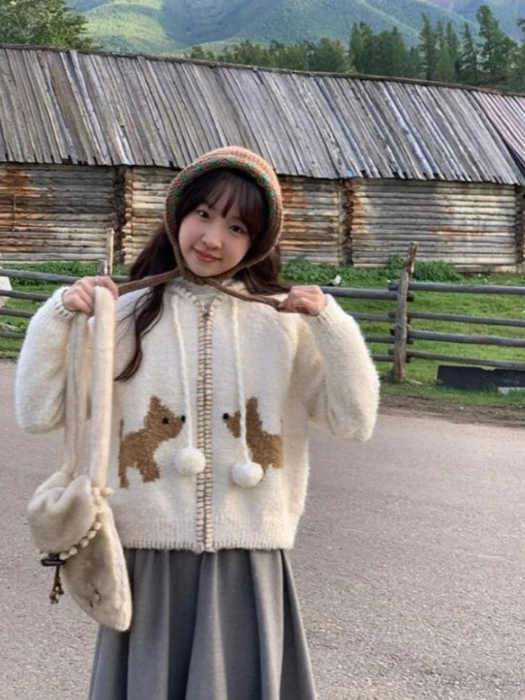 Y2k Aesthetic Streetwear Cartoon  Knitted Hooded Cardigan Fashion Casual Women Zipper Coats Japanese Sweet All Match Loose Tops