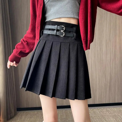Load image into Gallery viewer, French Fashion Black Beige High Waist Mini Pleated Skirt Women 2024 New Autumn Winter Retro Brown Corduroy Versatile Short Skirt
