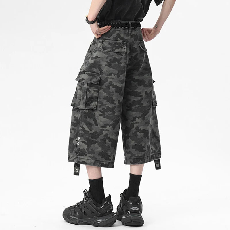 High Street Men's Denim Shorts New Summer Large Pockets Design Multi Buttons Male Straight American Style Bottoms  9W1672