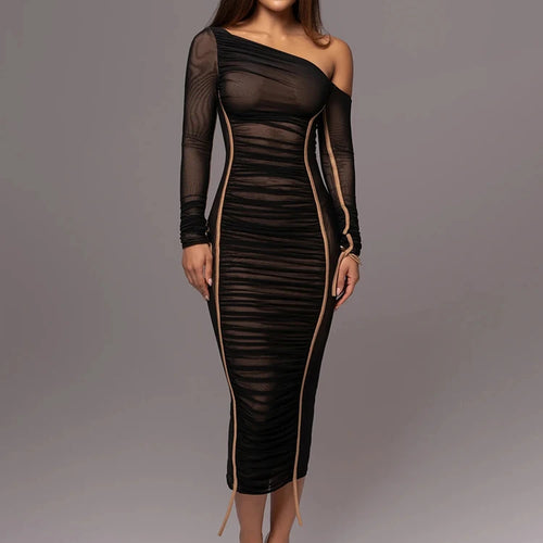 Load image into Gallery viewer, Diagonal Collar Long Sleeve Midi Dress For Women Two Layer Mesh Backless Ruched Bodycon Club Party Sexy Long Dress
