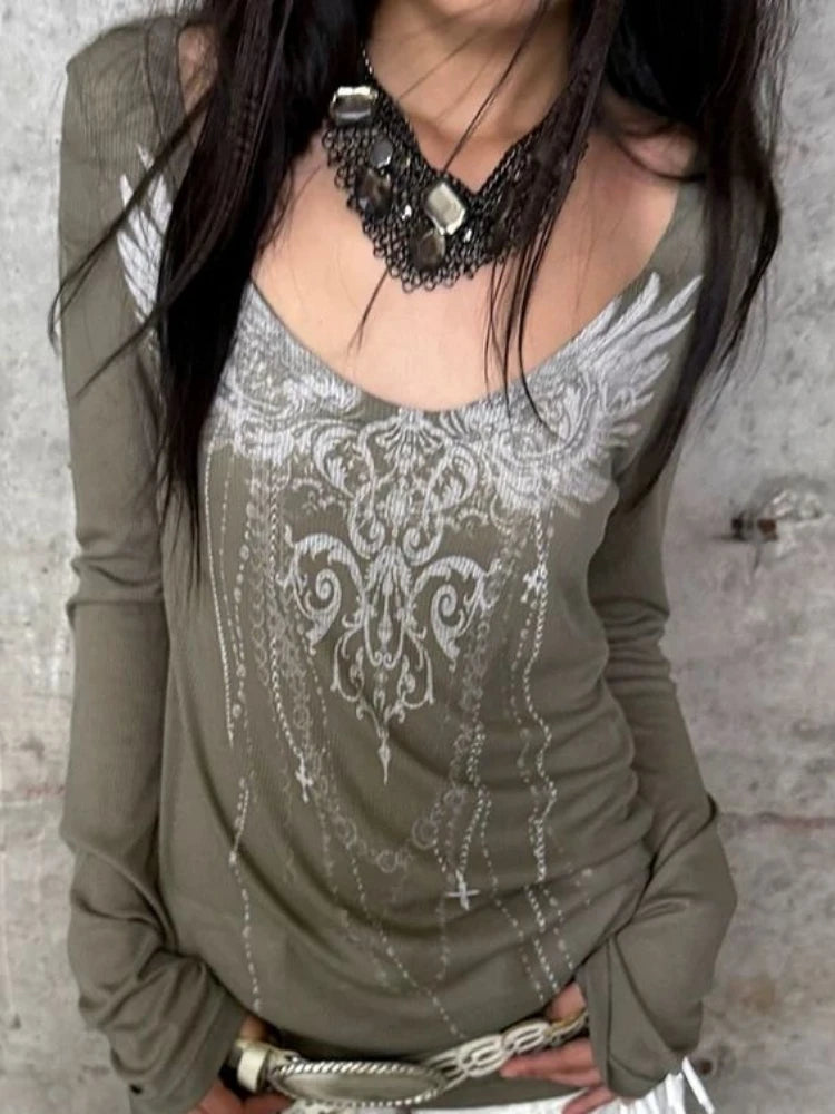 Y2k Aesthetic Sun Protection Women T-shirt Vintage Printing Streetwear Grunge Tshirts 2025 Harajuku Gothic Slim Fit Tees Femme