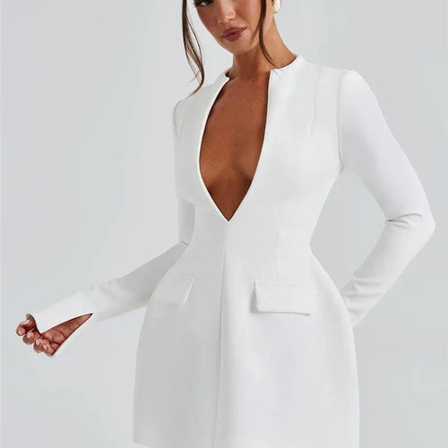 Load image into Gallery viewer, Deep V Neck Long Sleeve Sexy Mini Dress For Women Fashion Two Pocket High Waist A-line Club Party Sexy Dress Elegant
