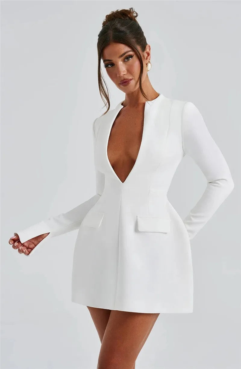 Deep V Neck Long Sleeve Sexy Mini Dress For Women Fashion Two Pocket High Waist A-line Club Party Sexy Dress Elegant