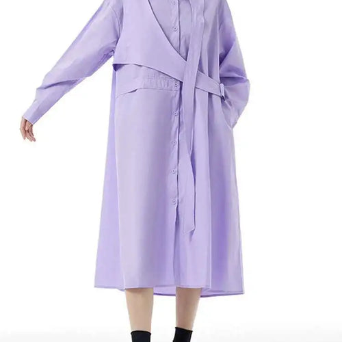 Load image into Gallery viewer, Women Purple Belted Big Size Irregular Midi Shirt Dress New Lapel Long Sleeve Fashion Tide Spring Autumn 2025 1DH5164

