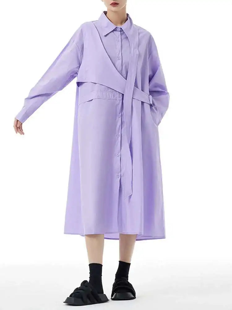 Women Purple Belted Big Size Irregular Midi Shirt Dress New Lapel Long Sleeve Fashion Tide Spring Autumn 2025 1DH5164