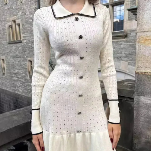 Load image into Gallery viewer, Autumn Long Sleeve Knit Dress For Women Fashion Lapel Single-btrasted Button High Waist Ruffled Mini Dress Knitwear
