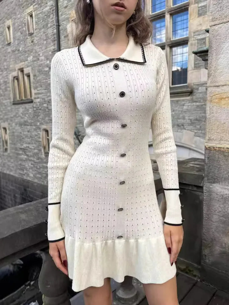 Autumn Long Sleeve Knit Dress For Women Fashion Lapel Single-btrasted Button High Waist Ruffled Mini Dress Knitwear