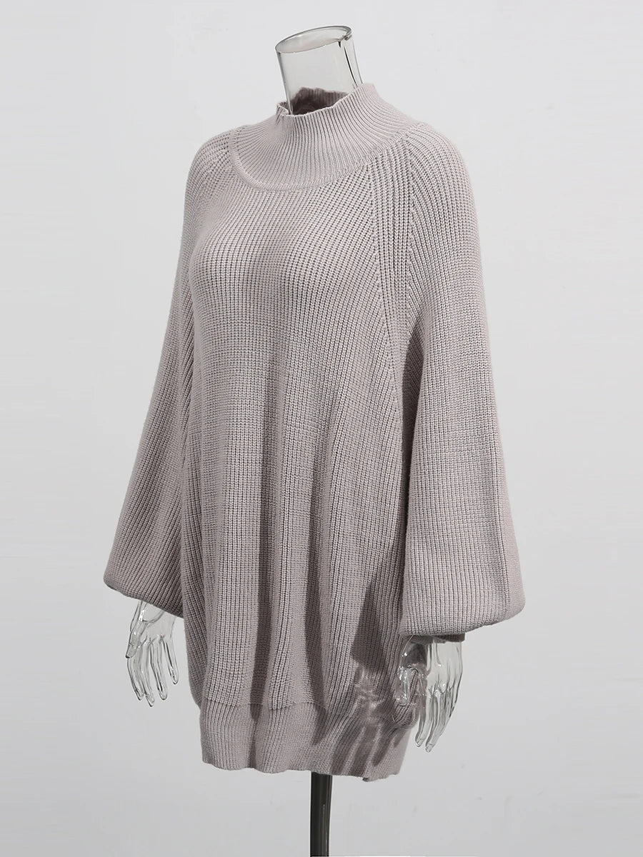 Solid Loose Spliced Pockets Casual Sweaters for Women High Neck Long Sleeves Minimalist Sweater Female Clothing New