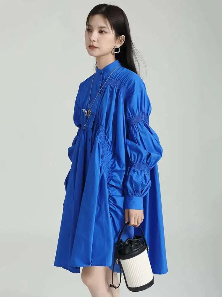 Women Blue Irregular Pleated Big Hem Shirt Dress New Stand Neck Long Sleeve Loose Fashion Tide Spring Autumn 2025 1DF9549