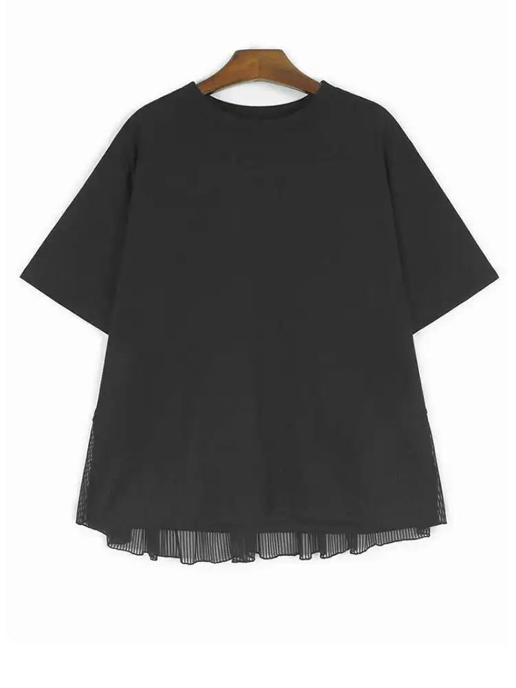 Women Blue Back Mesh Ruffles Big Size Casual T-shirt New Round Neck Short Sleeve Fashion Tide Spring Summer 2025 1DJ0181